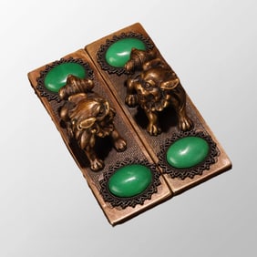 A Pair Vintage Chinese Brass Inlay Green Jade Fortune Lion Paperweights