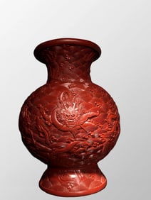 Vintage Chinese Red Lacquerware Low Relief Fortune Dragon Design Vase