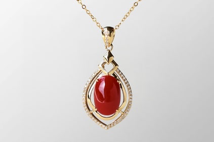18k Gold Inlay Red Coral & Diamond Pendant w Silver Necklace