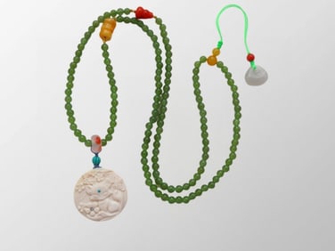 Vintage Bone Carved Nine-tailed Fox Pendant w Green Hetian Jade Beads Necklace