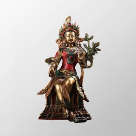 Vintage Tibetan Buddhism Gilt Gold Bronze Inlay Turquoise Tara Statue