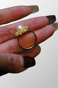 Chinese Gilt Gold Silver Inlay Pearl Flower Ring