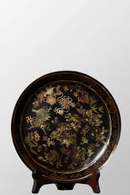 Vintage Chinese Gilt Gold Black Lacquerware Flower Design Plate