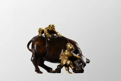 Vintage Chinese Gilt Gold Copper Ox & Kids Statue