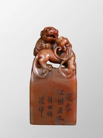 Vintage Chinese Shoushan Stone Carved Double Beast Seal