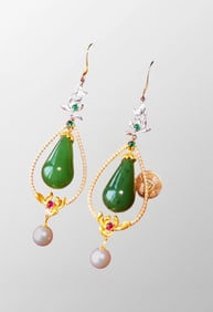 A Pair Chinese Gilt Gold 925 Silver Inlay Green Hetian Jade Flower Earrings