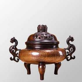 Vintage Chinese Copper Inlay Silver Wires Dragon Head Double Ears Incense Burner