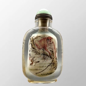 Old Chinese Inside Painting Peking Glass Monkey Snuff Bottle w Stopper