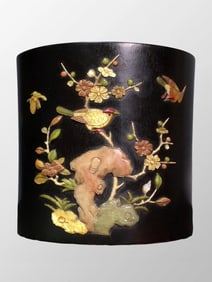 Vintage Chinese Zitan Wood Inlay Shell & Shoushan Stone Plum Flower & Magpie Design Brush Pot