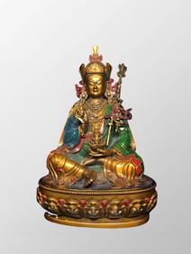 Vintage Tibetan Buddhism Colored Drawing Gilt Gold Copper Padmasambhava Buddha Statue