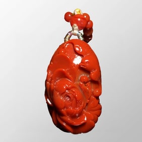 Chinese Natural Nanhong Agate Carved Flower Bird Pendant w Beads Necklace