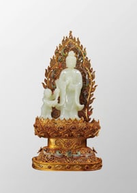 Exquisite Chinese Gold Wires Enamel Inlay Hetian Jade Ruyi Kwan-yin Statue w Box