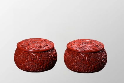 A Pair Chinese Red Lacquerware Low Relief Flower Design Weiqi Pots