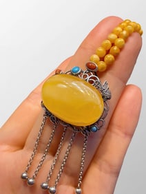 Beautiful Natural Pure Silver Inlay Beeswax & Turquoise & Nanhong Agate Pendant w Beads Necklace