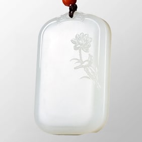 Superb Chinese Natural White Hetian Jade Carved Flower Bird Pendant w Certificate