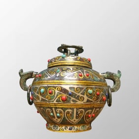 Vintage Chinese Gilt Gold-plated Silver Bronze Inlay Gem Double Ring Pot