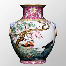 Chinese Qing Dynasty Gilt Edge Famille Rose Flower Bird Design Porcelain Vase