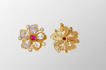 A Pair Chinese Gilt Gold Silver Inlay Jade & Ruby Flower Earrings