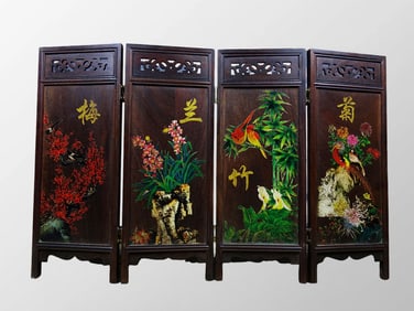 Vintage Chinese Zitan Wood Plum Flower & Orchid,Bamboo,Chrysanthemum Design Screen