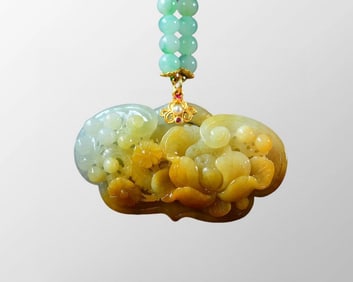 Chinese Natural Yellow Jadeite Flower Pendant w Beads Necklace