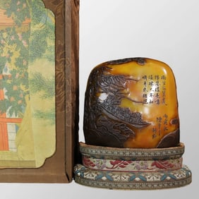 Vintage Chinese Black Skin Shoushan Stone Low Relief Boat & Figure Design Seal w Box