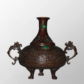 Vintage Chinese Copper Inlay Green Jade Low Relief Bat Design Double Ears Dragon Vase