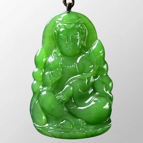 Chinese Natural Green Hetian Jade Carved Kwan-yin Pendant