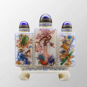 Old Chinese Gilt Edge Famille Rose Peking Glass Conjoined Snuff Bottle w Stopper