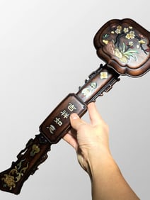 Vintage Chinese Huali Wood Inlay Shoushan Stone & Shell Ruyi Scepter