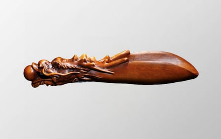 Chinese Boxwood Wood Carved Dragon Head Tea Shovel