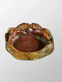Vintage Chinese Shoushan Stone Carved Double Beast Brush Washer