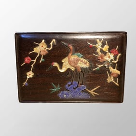 Old Hainan Huanghuali Wood Inlay Shell Plum Flower & Crane Jewelry Box