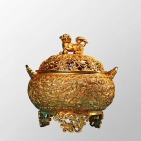 Vintage Chinese Gilt Gold Copper Low Relief Fortune Lion Double Ears 3 Legs Incense Burner