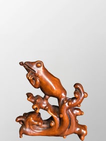 Vintage Chinese Boxwood Wood Carved Frog Brush Pen Shelf