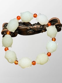 Vintage Chinese Hetian Jade Carved Buddha Head Beads Bracelet