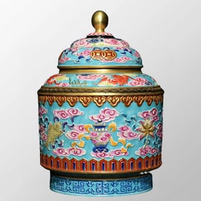 Chinese Gilt Edge Turquoise Blue Glaze Famille Rose Porcelain Pot w Lid