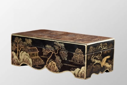 Vintage Chinese Gilt Gold Wooden-cored Lacquerware Mountain River Scene Design Jewellery Box