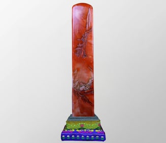 Vintage Chinese Shoushan Stone Low Relief Boat & Figure Seal w Box