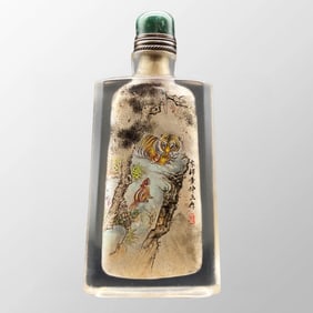 Old Chinese Peking Glass Inside Painting Tiger Design Snuff Bottle w Stopper