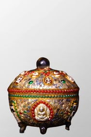 Tibetan Gilt Gold Bronze Inlay Crystal & DZI Agate,Gem Pot