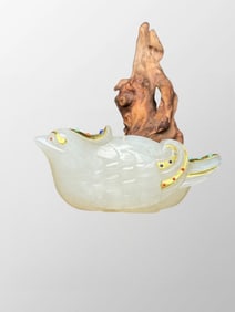 Superb Chinese Gilt Gold Hetian Jade Inlay Gems Bird Pendant/Statue