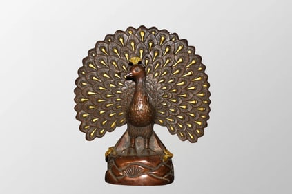 Vintage Chinese Gilt Gold Copper Peacock Statue
