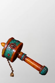 Old Tibetan Buddhism Beeswax & Turquoise & DZI Agate Prayer Wheel