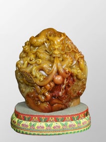 Vintage Chinese Shoushan Stone Carved Fortune Dragon Seal w Box