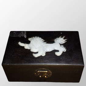 Vintage Chinese Zitan Wood Inlay White Jade Jewellery Box