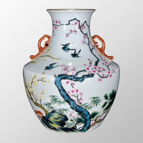 Chinese Gilt Edge Famille Rose Flower Bird Design Double Ears Porcelain Vase