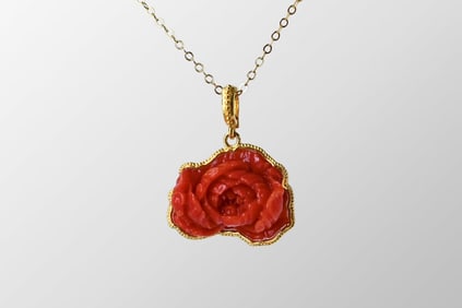 18k Gold Inlay Red Coral Peony Pendant w Silver Necklace