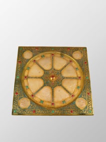 Vintage Chinese Gilt Gold Bronze Inlay Jade & Turquoise Mirror