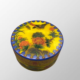 Old Chinese Famille Rose Yellow Peking Glass Flower Bird Design Box