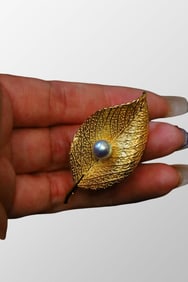 Chinese Gilt Gold Pure Silver Inlay Pearl Leaf Shape Brooch